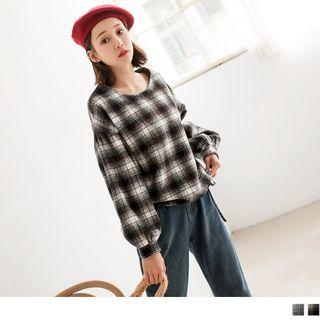 Drawstring Hem Plaid Top