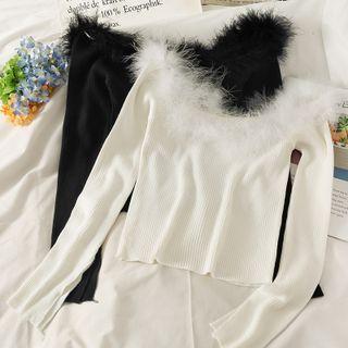 Boatneck Furry-trim Crop Knit Top