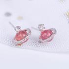Rhinestone Planet Stud Earring 1 Pair - Pink & Silver - One Size