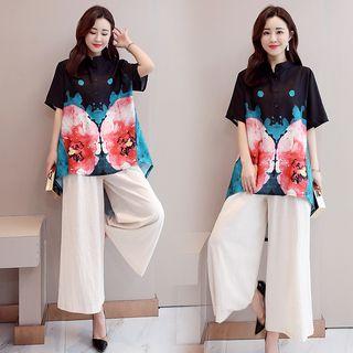 Set: Elbow-sleeve Floral Chiffon Top + Wide Leg Pants