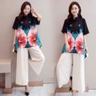 Set: Elbow-sleeve Floral Chiffon Top + Wide Leg Pants