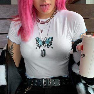 Short-sleeve Butterfly Print Frill Trim Crop Top