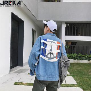Loose-fit Hoop-accent Printed-back Denim Jacket