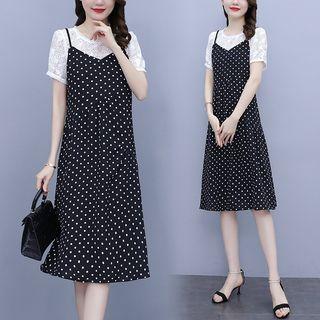 Mock Two-piece Lace Dotted A-line Dress