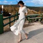 Short-sleeve Frill Trim Irregular Hem Midi Dress