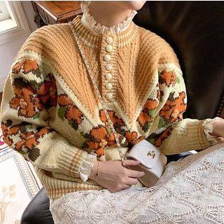 Floral Print Buttoned Sweater As Shown In Figure - One Size