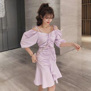 Cold-shoulder Shirred Ruffled A-line Dress