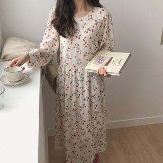 Long-sleeve Floral Print Midi Chiffon Dress White - One Size