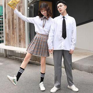 Couple Matching Plain Shirt / Plaid A-line Skirt / Straight-cut Pants / Necktie