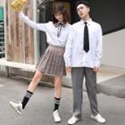 Couple Matching Plain Shirt / Plaid A-line Skirt / Straight-cut Pants / Necktie