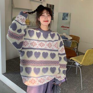 Heart Pattern Loose-fit Sweater Purple - One Size