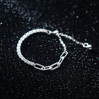 Rhinestone Chained Sterling Silver Ring Silver - One Size