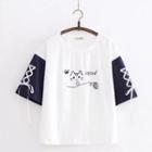 Cat Embroidered Contrast Color Short-sleeve T-shirt