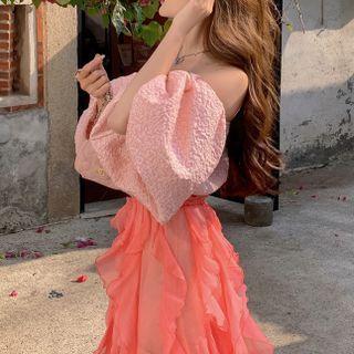 Puff-sleeve Off-shoulder Crop Top / Ruffle Trim Midi Skirt