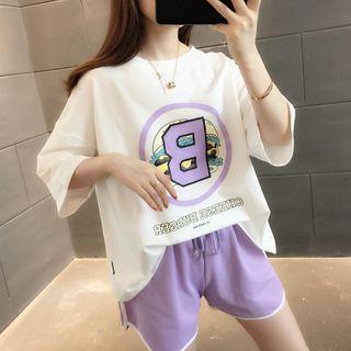 Set: Lettering Elbow-sleeve T-shirt + Piped Shorts