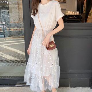 Lettering Mesh Panel Short Sleeve Dress