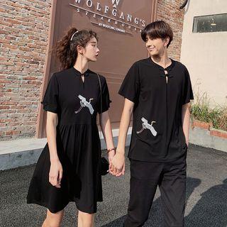 Couple Matching Short-sleeve Embroidered Frog Buttoned Top / Dress / Cropped Pants