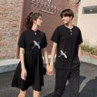 Couple Matching Short-sleeve Embroidered Frog Buttoned Top / Dress / Cropped Pants
