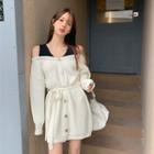 Mock Two-piece Cold-shoulder Knit Dress White - One Size