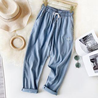 Denim Embroidered Elastic-waist Harem Pants