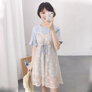 Set: Short-sleeve Long T-shirt + Spaghetti Strap Lace A-line Dress