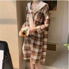 Long-sleeve Plaid A-line Midi Shirtdress + Shawl Set - As Shown In Figure - One Size