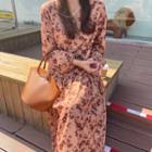 Floral V-neck Long-sleeve Chiffon Dress Coffee - One Size