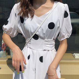Dot Print Puff-sleeve Midi Dress Black - One Size