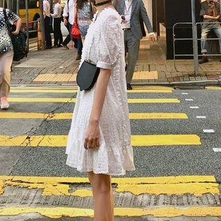 Elbow-sleeve Ruffled Perforated Mini Dress