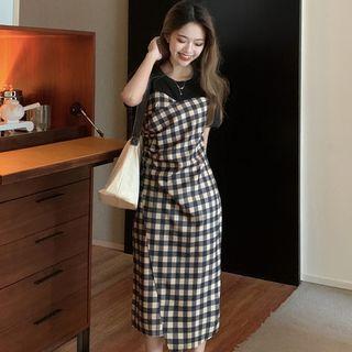 Mock Two-piece Short-sleeve Asymmetrical Hem Gingham Midi Dress