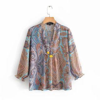 3/4-sleeve Printed Frill Trim Blouse