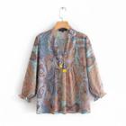 3/4-sleeve Printed Frill Trim Blouse