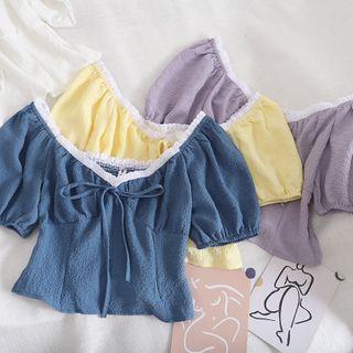 Puff-sleeve Lace Trim Crop Top