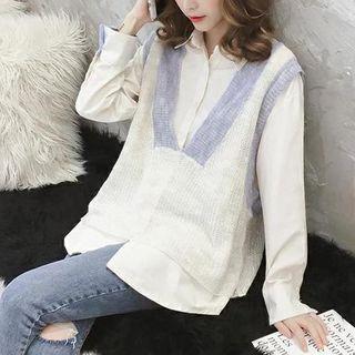 Set: Contrast-trim Sweater Vest + Shirt