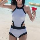 Two-tone Cut Out Halter Swimsuit