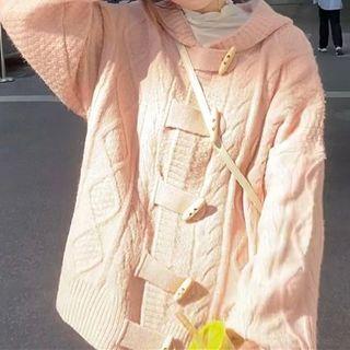Long-sleeve Toggle Hooded Knit Jacket Pink - One Size