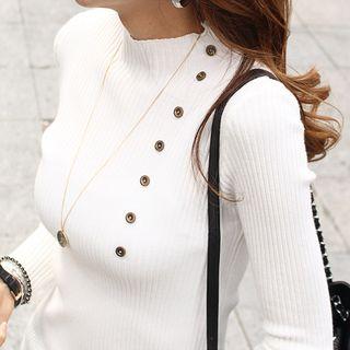 Button Accent Mock-turtleneck Knit Top