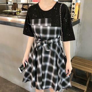 Mock Two-piece Plaid Short-sleeve A-line Dress