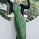 Set: Halter-neck Floral Print Midi Bodycon Dress + Ribbed Cardigan