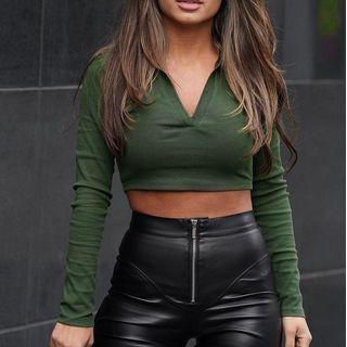 Long-sleeve Open Collar Crop Top