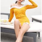 Long-sleeve Cold Shoulder Frill Trim Swimsuit