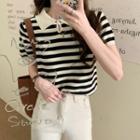 Short-sleeve Collared Striped Knit Top 6689 - Stripe - Black - One Size