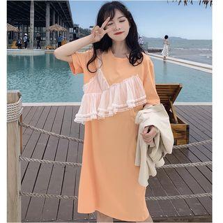 Elbow-sleeve Ruffled Lace Paneled T-shirt Dress