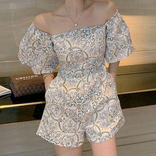 Off-shoulder Print Romper