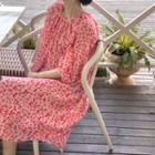 Puff-sleeve Floral Dress Light Pink - One Size