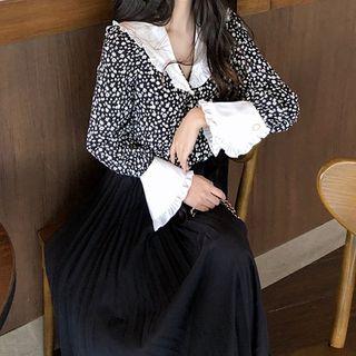Floral Long-sleeve Blouse / Plain High-waist Pleated Skirt