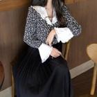 Floral Long-sleeve Blouse / Plain High-waist Pleated Skirt