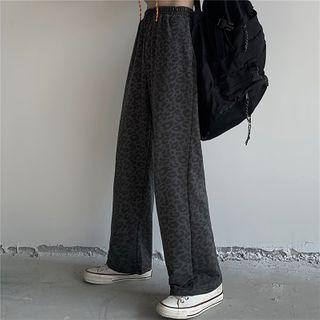 Elastic-waist Leopard Straight-cut Pants