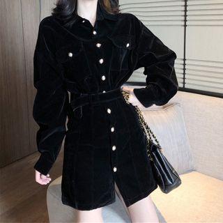 Long-sleeve Mini A-line Velvet Shirt Dress