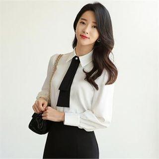 Tall Size Contrast-trim Balloon-sleeve Blouse